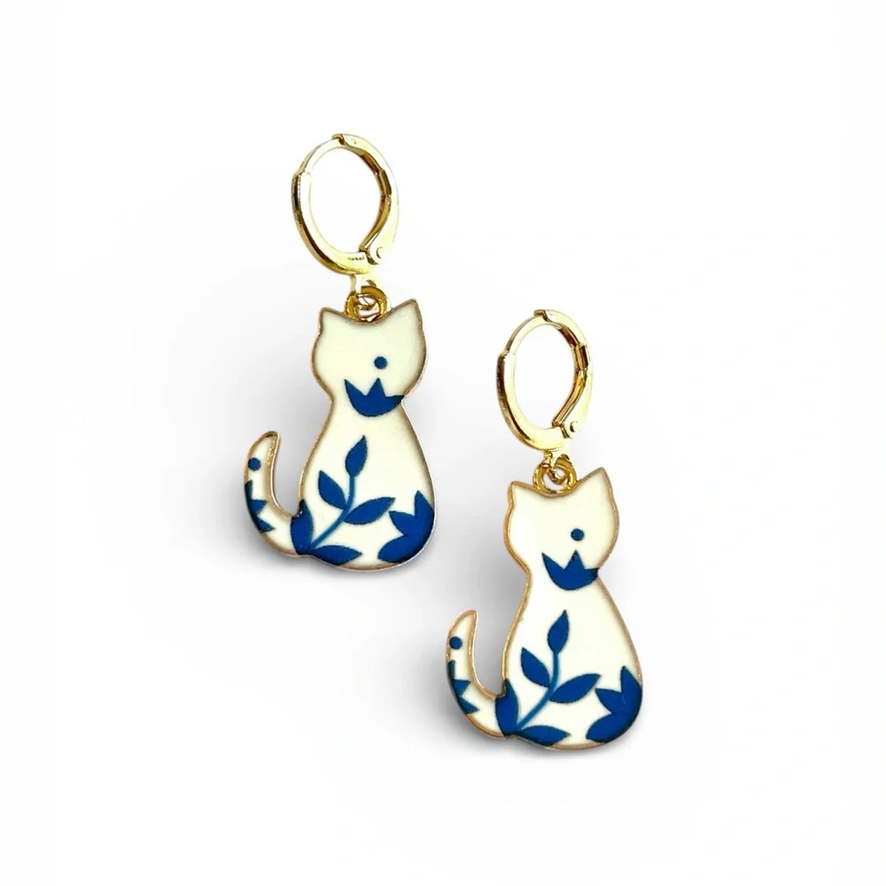 Blue White Cat Earrings Kitty Gold Huggies Hoops Dangle